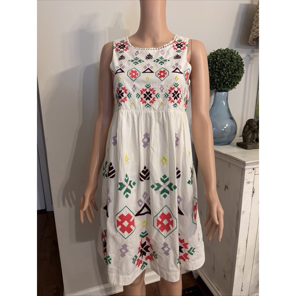 Anthropologie White Embroidered Geometric Boho Mini Dress Back Cutout SZ XSP